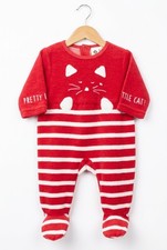 Z grenouillère velours rouge rayée blanc motif chat bébé unisexe 1 mois
