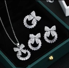 Silver Bow Jewelry Set Necklace  Earrings Rhodium Plated Cubic Zirconia