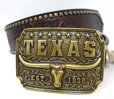 Western Belt and Buckle Cowboy Texas Longhorn Brown Tooled Studded Scroll Floral