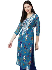 GoSriKi Women's Printed Georgette Chikankari Embroidered Kurti (Gori-Cerosin-...