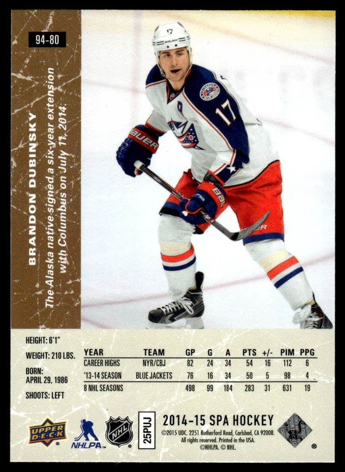 2014-15 SP Authentic 94-95 Retro Brandon Dubinsky Columbus Blue Jackets #94-80 - Image 2 of 2