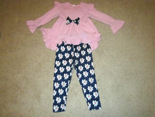 Girls Pink Ruffle Sleeve Top w/bow Daisies Navy Floral Pants Set Sz 4-5T Sz 110