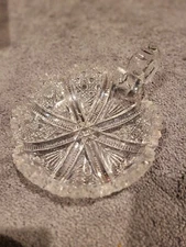 Crystal Cut Glass Round Candy Dish with Handle Vintage Vtg Not Sure Of Maker
