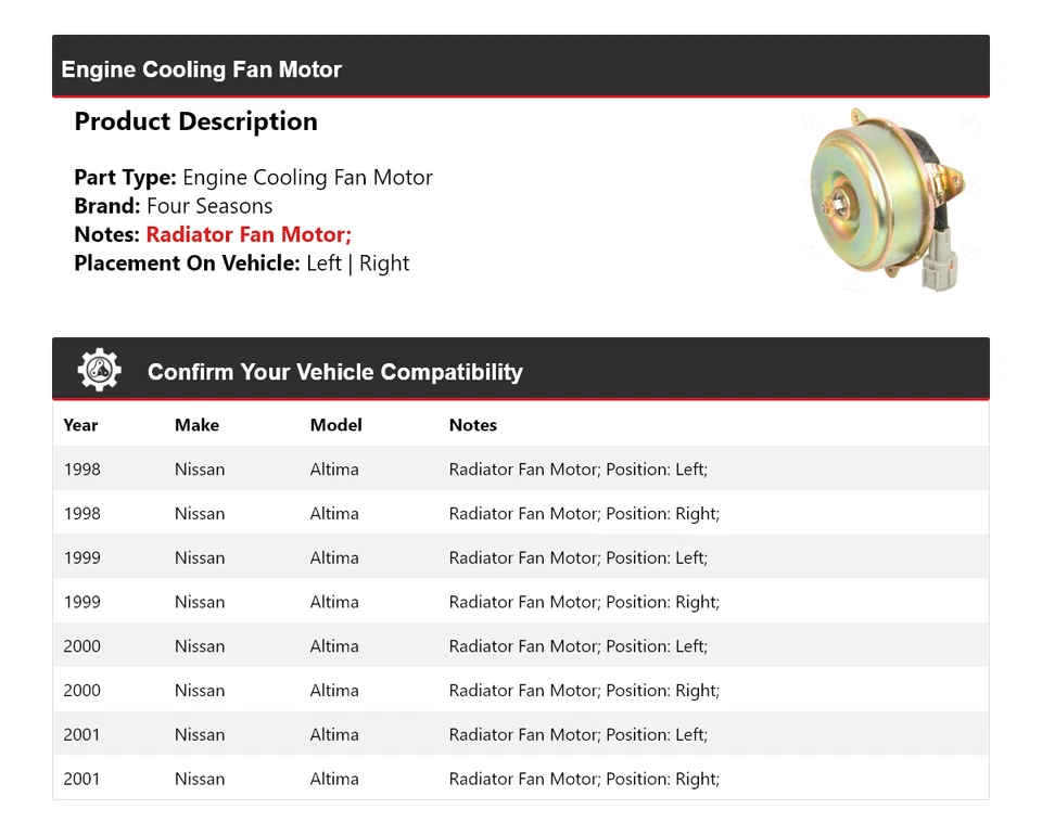 Ventilador de refrigeración motor Nissan Altima 1998-2001 4 estaciones 1999 2000 Foto 2 de 4