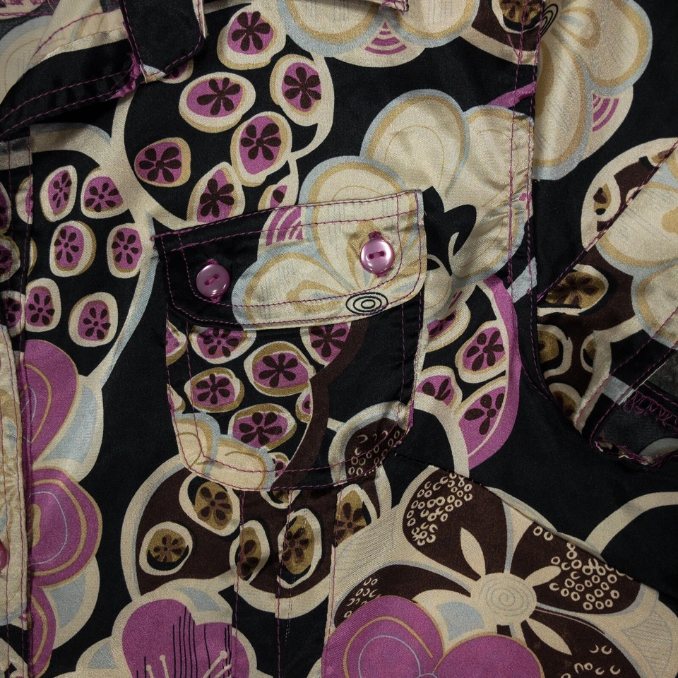 Blusa para mujer Y2K Millenium con botones manga L bolsillos negra púrpura floral Foto 3 de 4