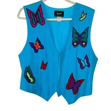 Tipicano Vest Womens Size Medium Blue Butterfly Applique Art To Wear Pure Cotton