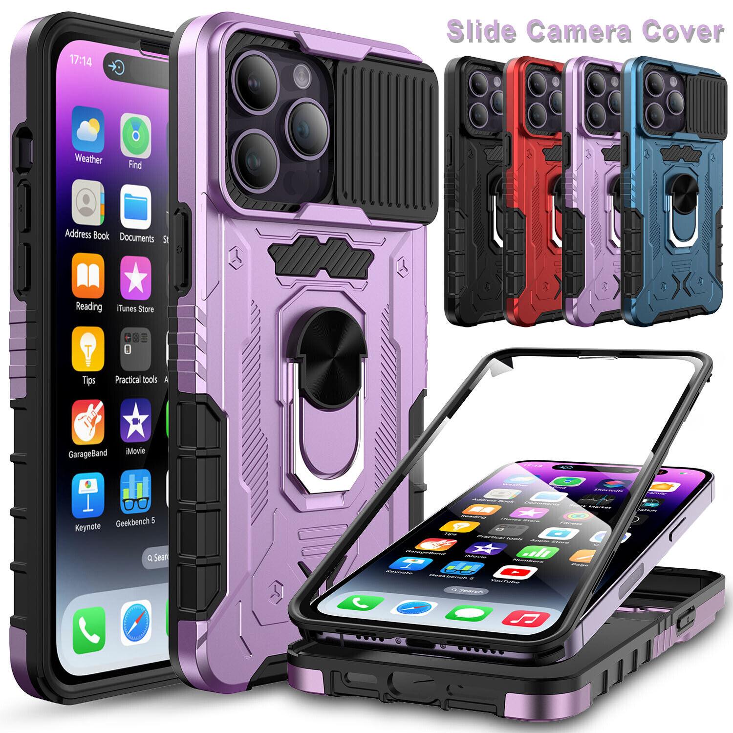 for iPhone 14 Pro Max Case Full-Body Built-in Kickstand Slide