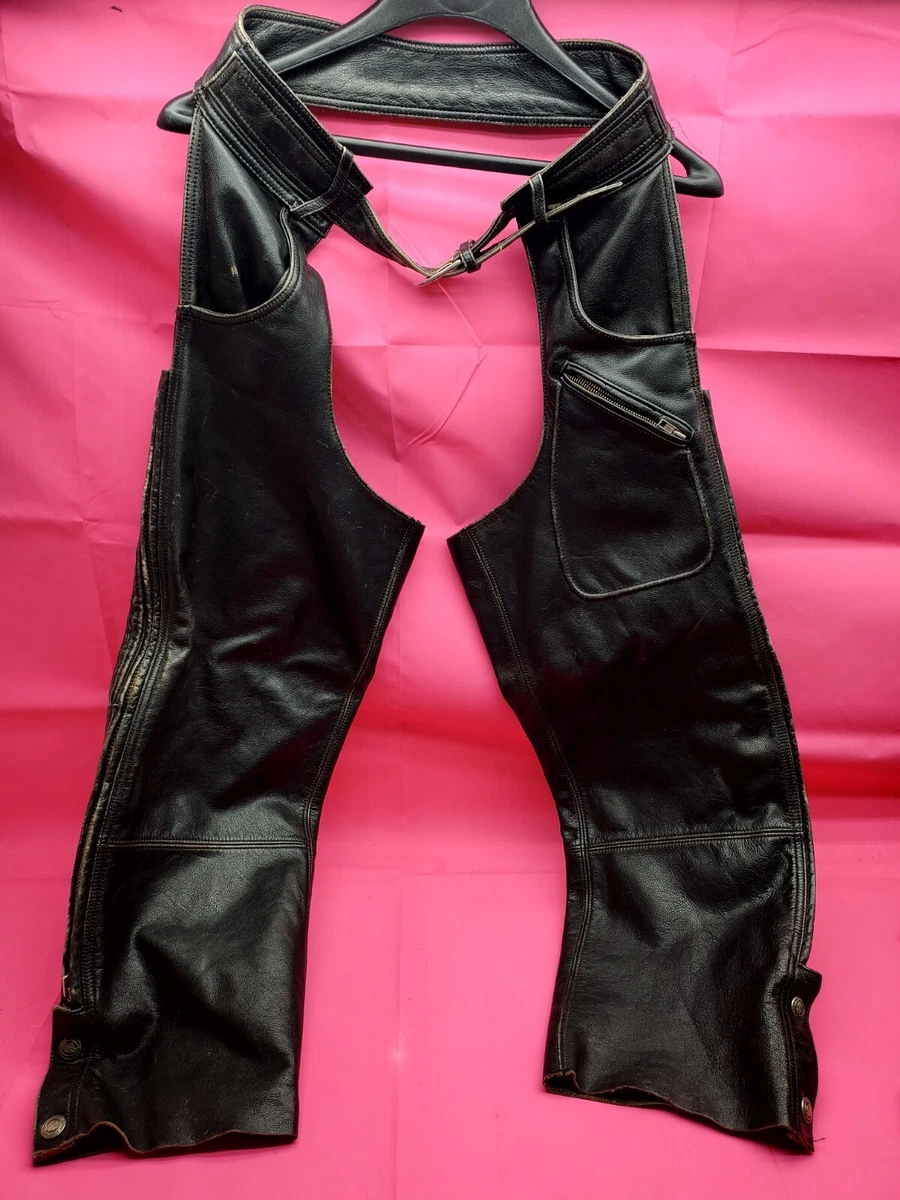 harley davidson mens chaps M black distressed leather zip snap bar