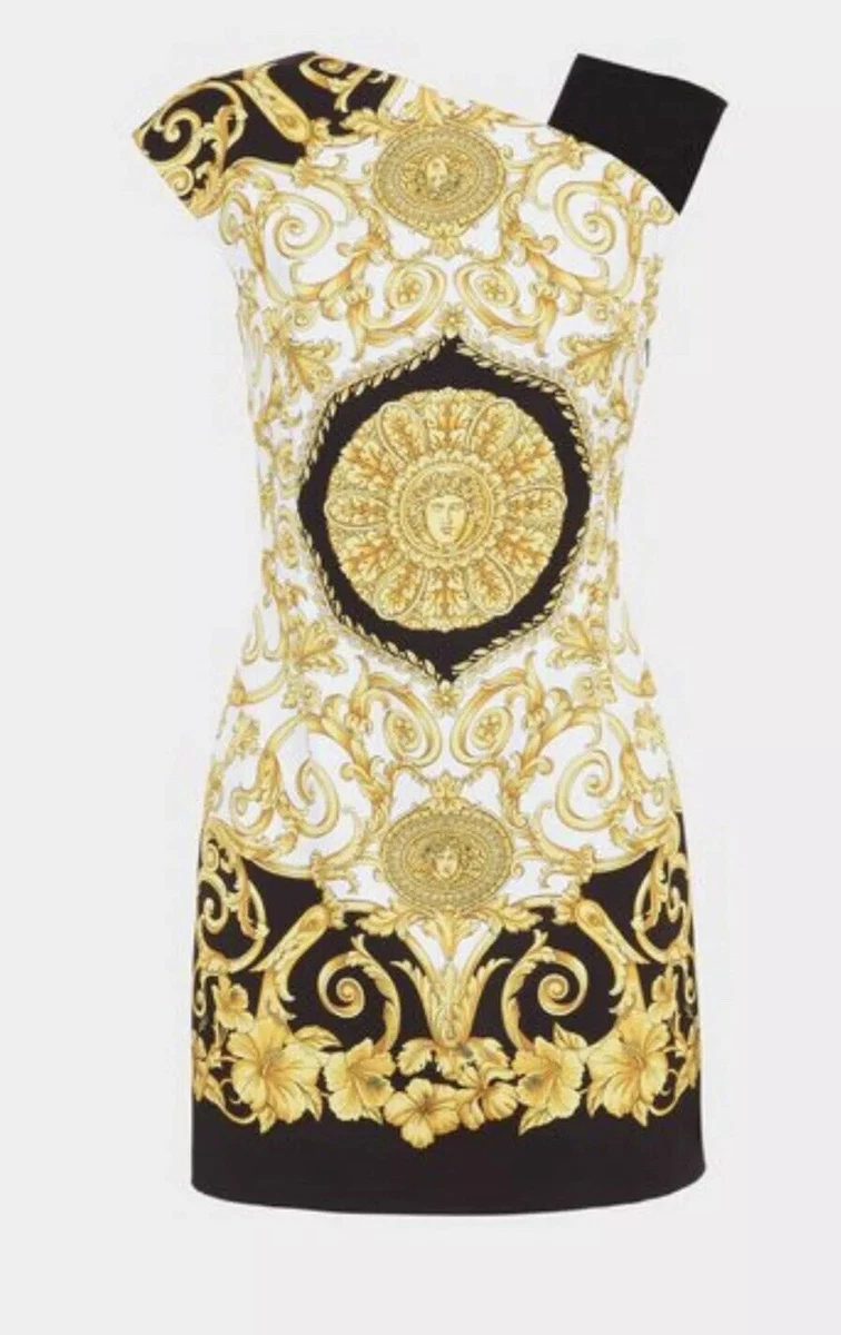 NWT Versace Gold Black Hibiscus Print Mini Dress Size 38 IT $1595 US 2