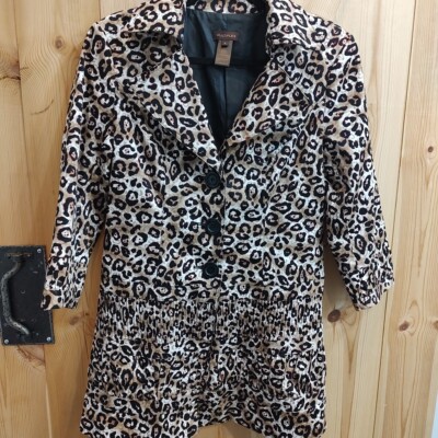 MULTIPLES  Women s Sz Small Jacket Leopard Blazer Ruching Sleeves Belted Lined