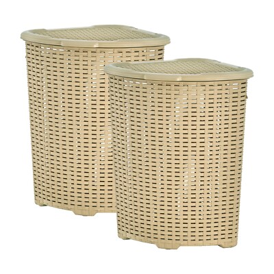 Plastic Wicker Corner Laundry Hamper with Lid-Beige, 2 Pack (50 Liter)