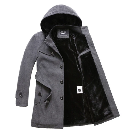Winter Mens Thicken Wool Blend Peacoat Jacket Hooded Mid Long Trench Coat Parka - Picture 4 of 15