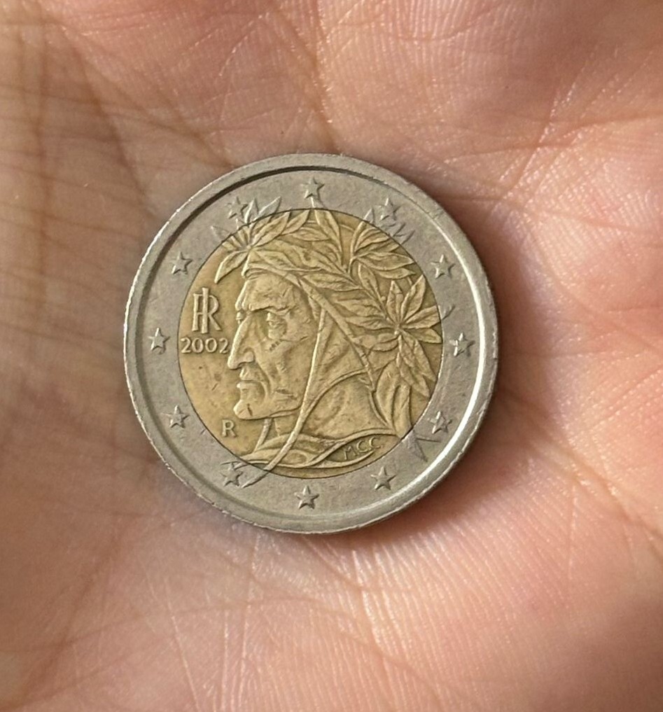 RARE!!2002-R Italy 2 Euro - Sharp Coin! - 1st Map - Dante