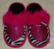 NEW NWT Girls Glitter Zebra Print Fluffy Scuff Slippers SZ11-12 Inside Outside