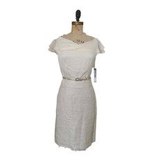 Tahari ASL Bloomingdales Off the Shoulder Belted Sheath Dress Ivory 2 NWT  CG