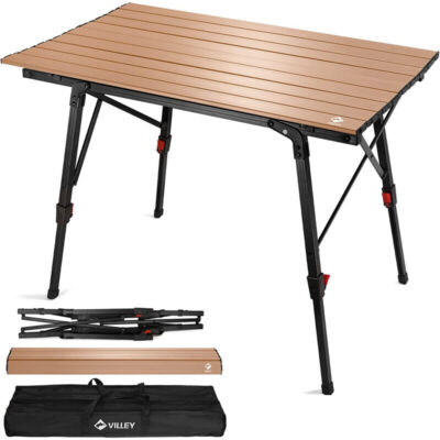 VILLEY Folding Beach Table Lightweight Aluminum Camping Table w/Adjustable Legs
