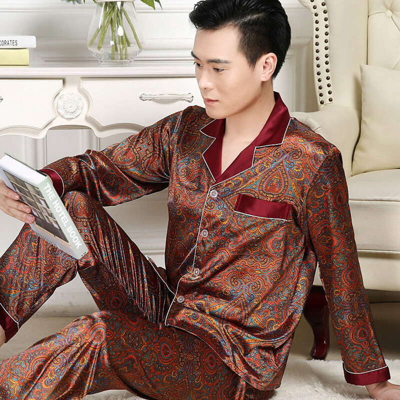 Men Silk Satin Pajama Set Print Sleepwear Loungewear Long