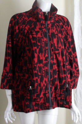 Chico's Zenergy Sz 2 L Red Black Modernist Funky 3/4 Zip Jacket Blazer