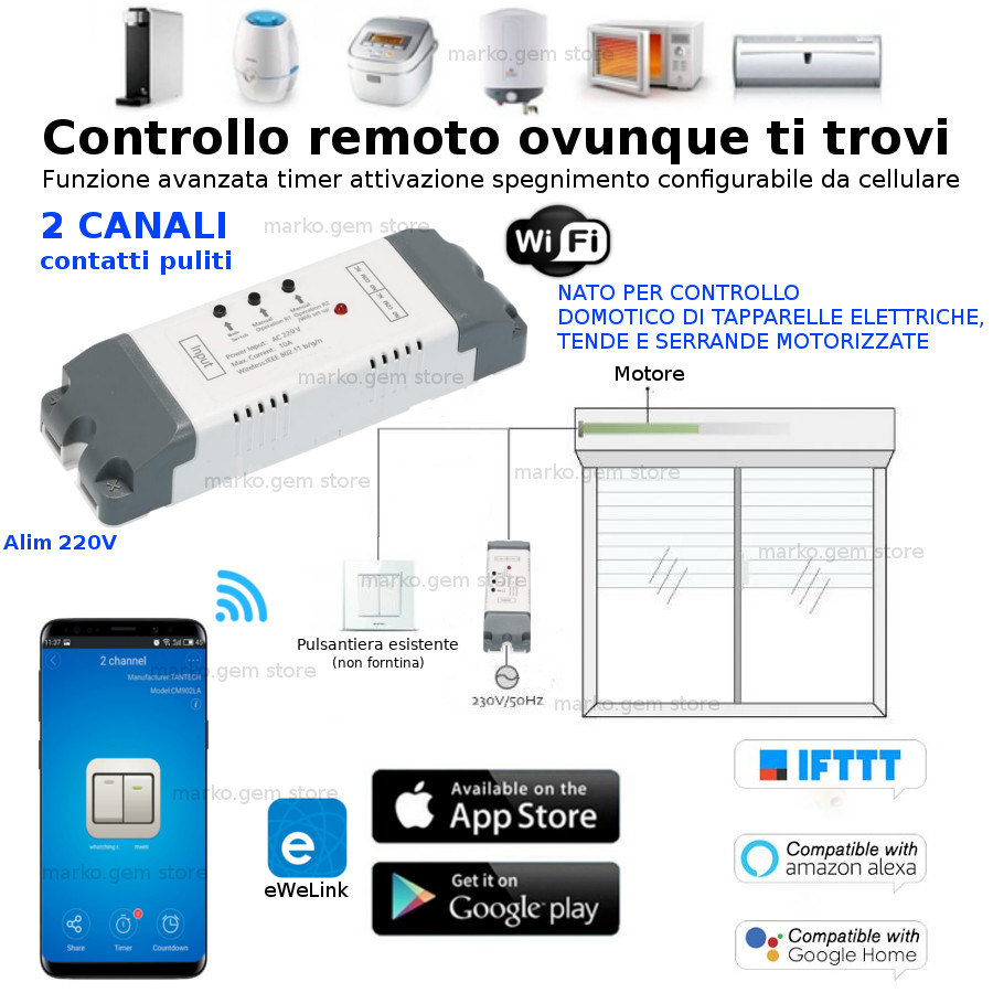 Switch Smart Tapparelle WiFi 2 Canali 220V - Domotica per Tende