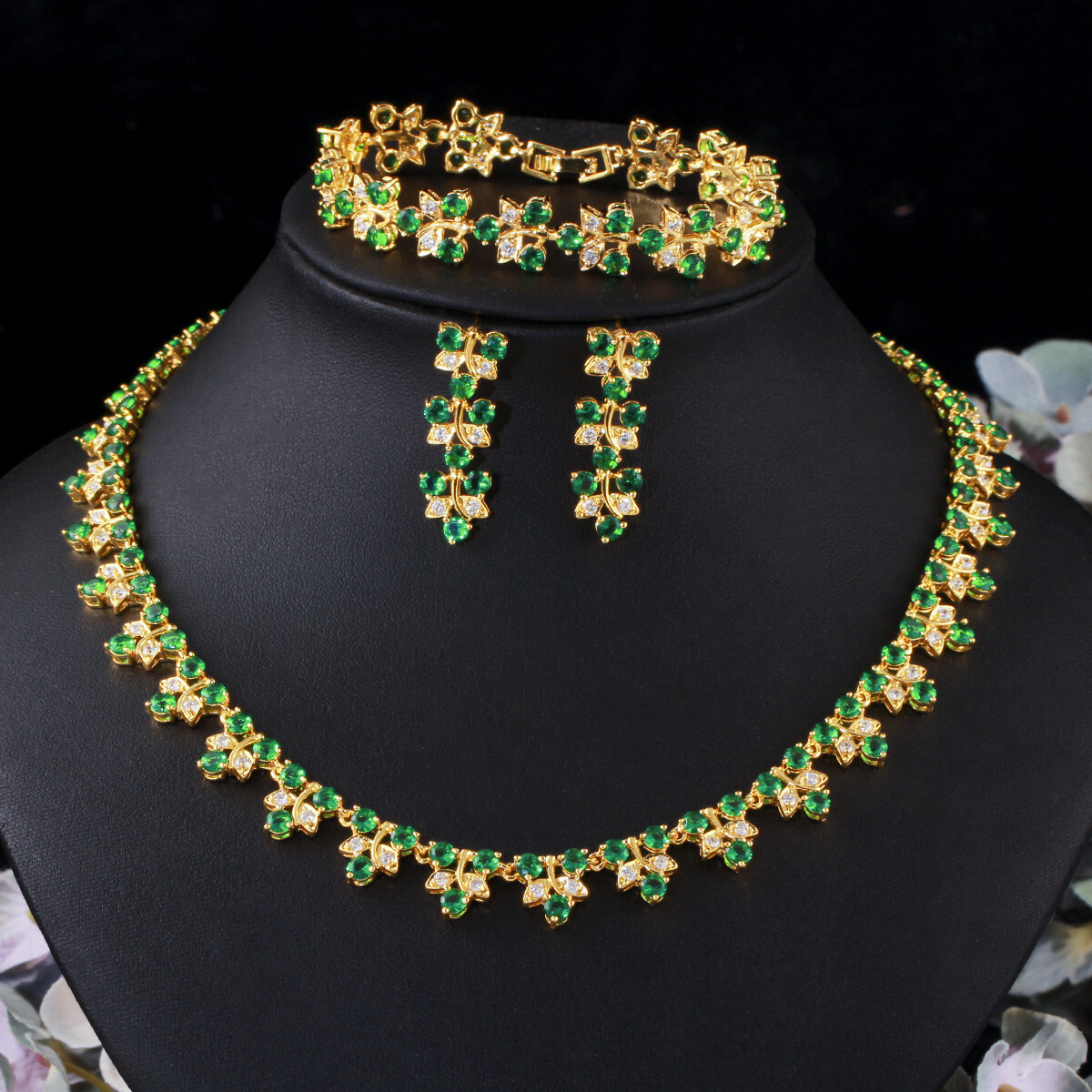 CZ Women Pageant Leaf Indian Gold Plated Necklace Earrings Bracelet Jewelry Set