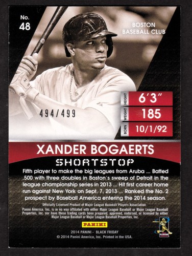 2014 Panini Black Friday #48 Xander Bogaerts BB RC 494/499 ROOKIE RED SOX - Picture 2 of 2