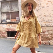 Spell & The Gypsy Boho Leopard Print Tunic Dress Tassel Ties & Balloon Sleeves