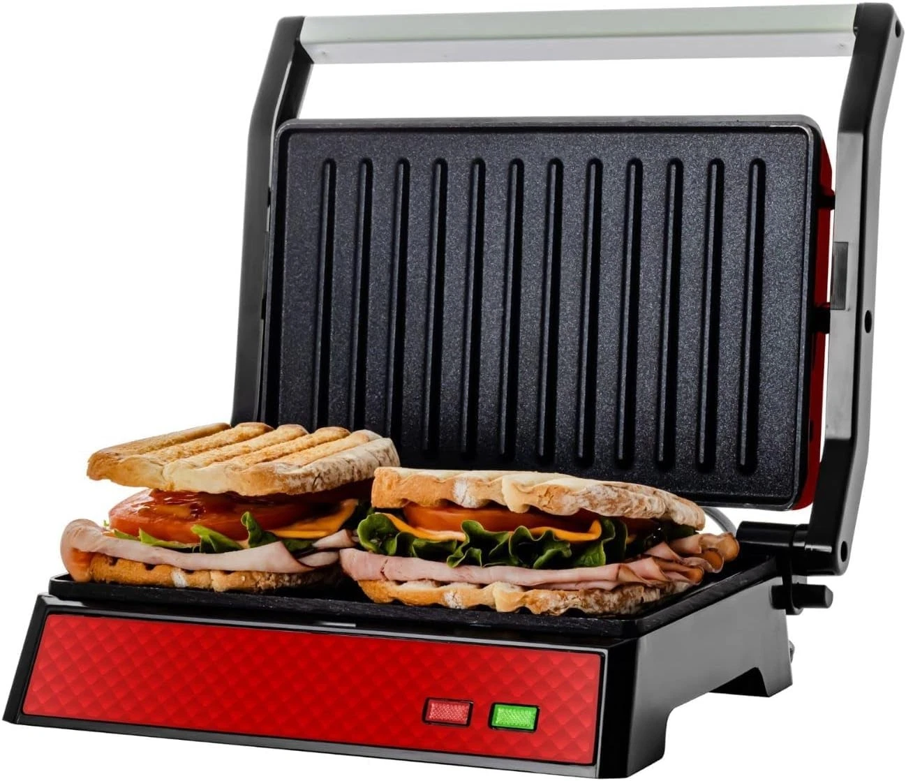 OVENTE Panini Press 180 Open Indoor Grill Sandwich Maker Removable Drip Tray Red