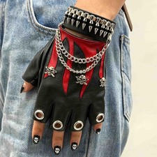 Gothic Punk Fingerless Gloves, Faux Leather Rivet Chain, Half Finger For Cosplay