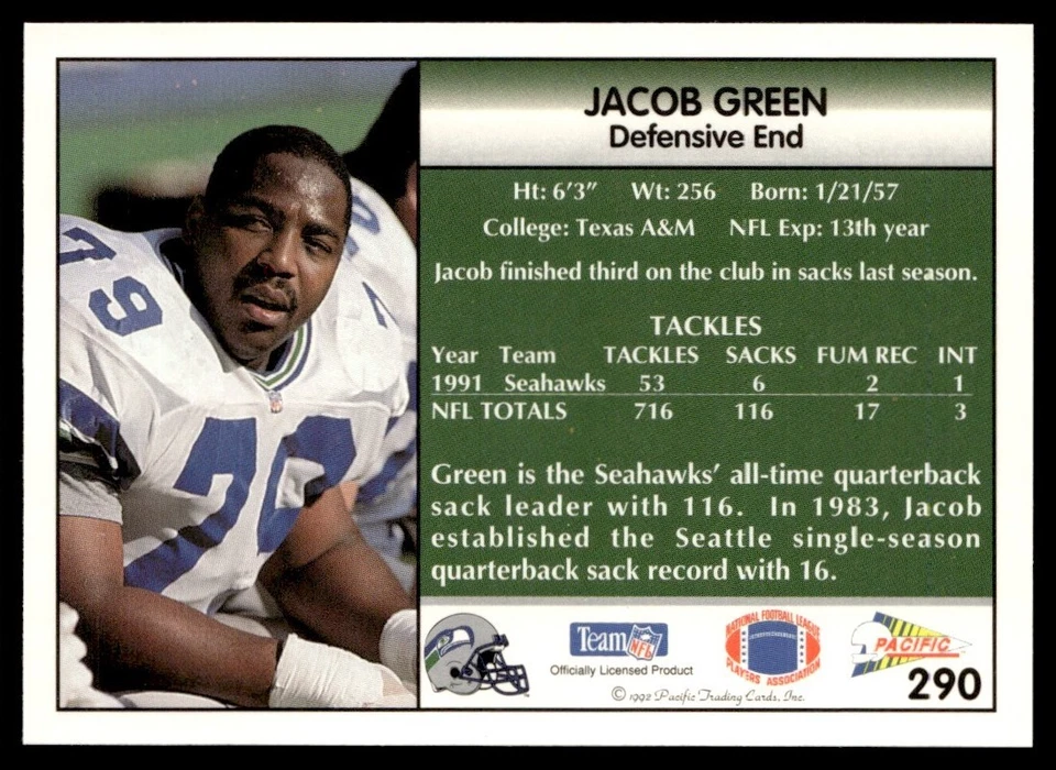 1992 Pacific Jacob Green Seattle Seahawks #290 - Image 2 of 2