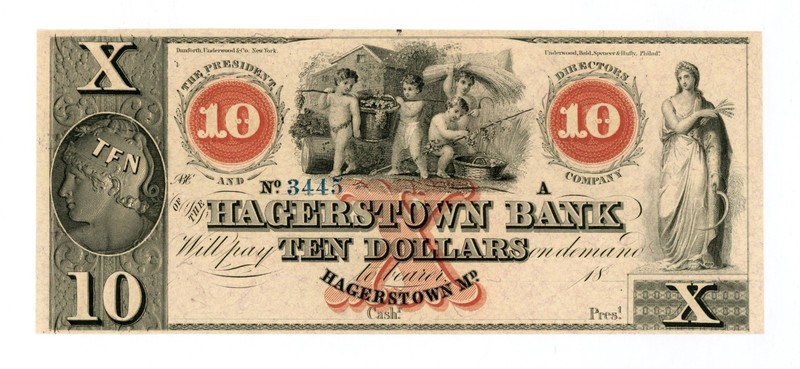 1800's $10 The Hagerstown Bank - Hagerstown, MARYLAND Note CU