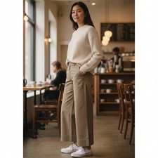 Eileen Fisher Wide Leg Stretch Denim Pants Khaki Women  s S Organic Cotton