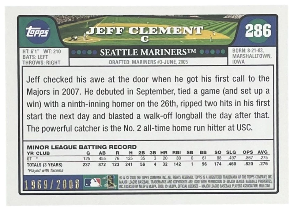 2008 Topps Gold #286 Jeff Clement Seattle Mariners /2008 - Image 2 of 2