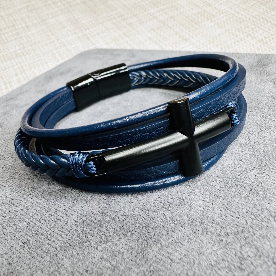 Armband 20 cm – dunkelblau Leder mit Kreuz-Symbol Unisex mehrreihig - Bild 3 von 3