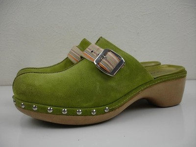 Women's 10 10.5 sz 41 Ecco Lime Green Suede Leather Studded Clogs Shoes Slip-On