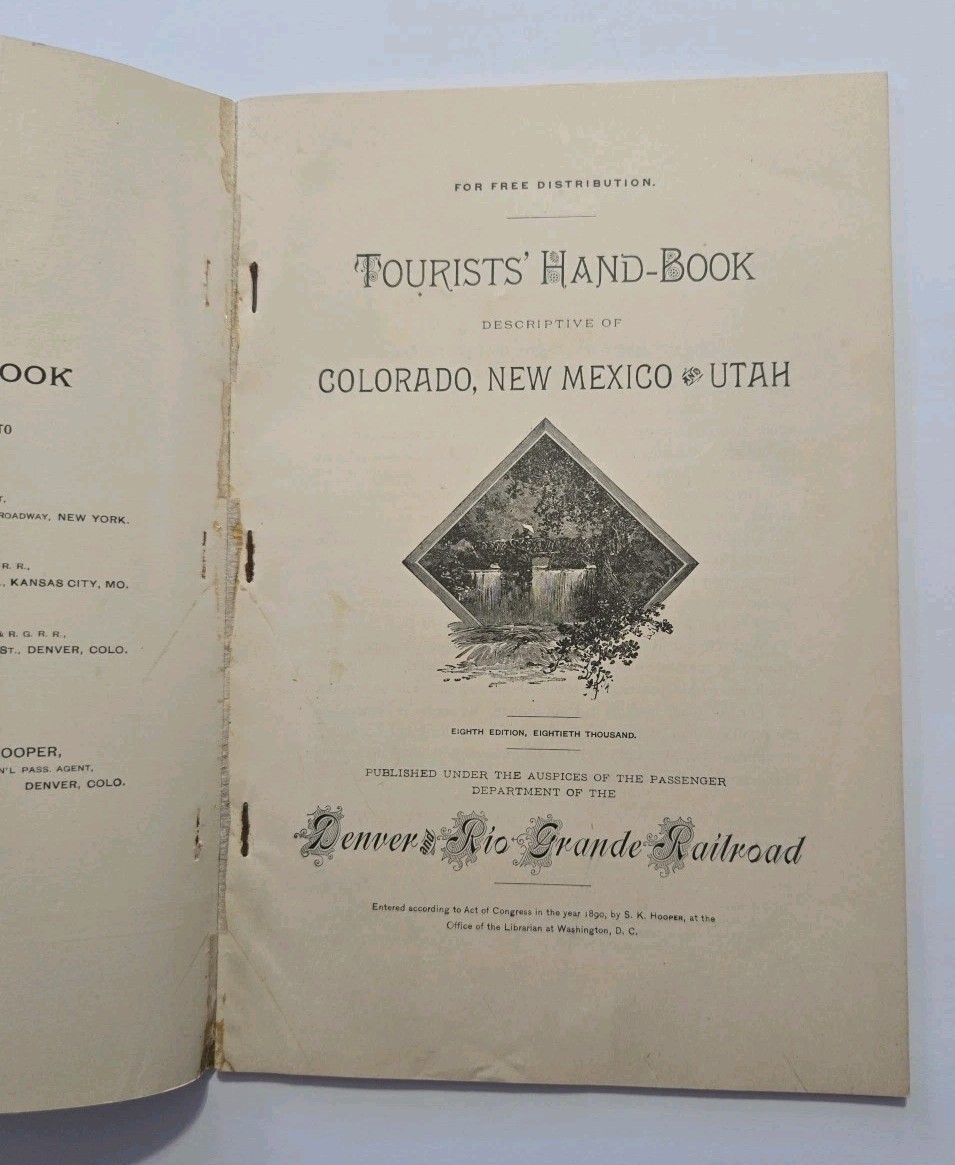 Denver and Rio Grand Railroad Tourist Handbook 1890 Map Colorado New Mexico Utah