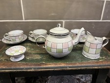 Antique RARE Set Of 10 Enamel On Metal Checkered Pink/green Children Coffee Set