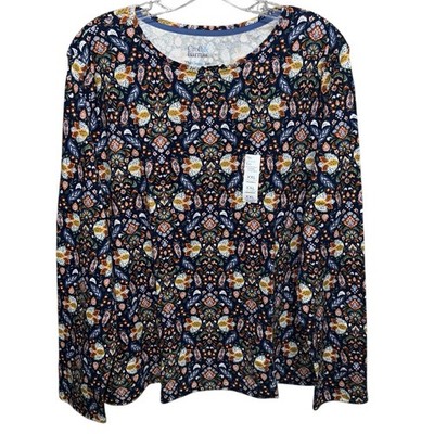 Croft & Barrow Plus Size Navy floral Essential Crew Neck Long Sleeve Tee SZ/XXL
