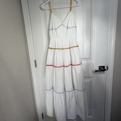 EB Luxe Los Angeles White Tiered Maxi Dress Colorblock Trim Size S