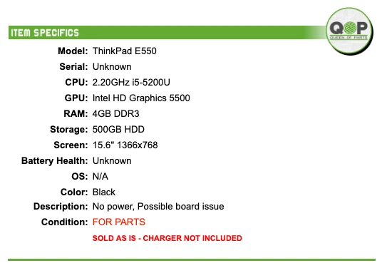 PARA REPUESTOS: Lenovo ThinkPad E550 - 15.6" HD, 2.2GHz i5, 4GB RAM, 500GB HDD Foto 2 de 4