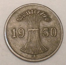 1930 A German Germany One 1 Reichspfennig Grain Coin VF 