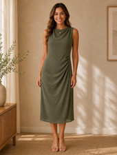 ASOS DESIGN Olive Green Ruched Midi Dress Swiss Dot Sleeveless Women’s 6