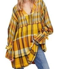 M Urban Outfitters Plaid Tunic Mini Dress Long Sleeve Yellow Black V Neck