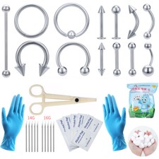 37 Pcs Stainless Steel Ear Nose Rings Piercing Tool Set Body Piercing Needle Kit