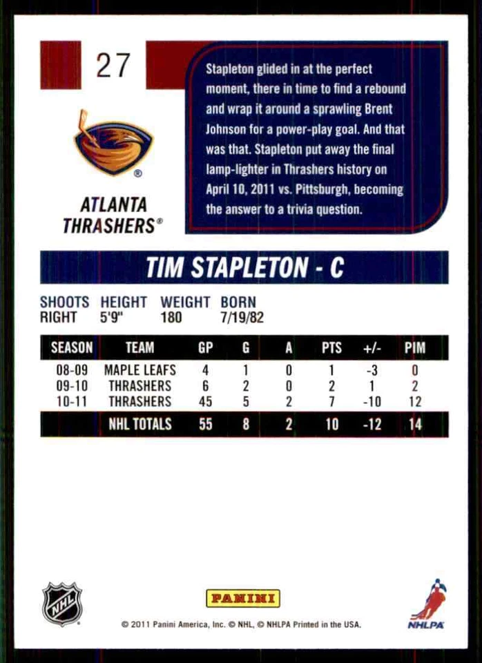 2011-12 Score Tim Stapleton #27 - Image 2 of 2