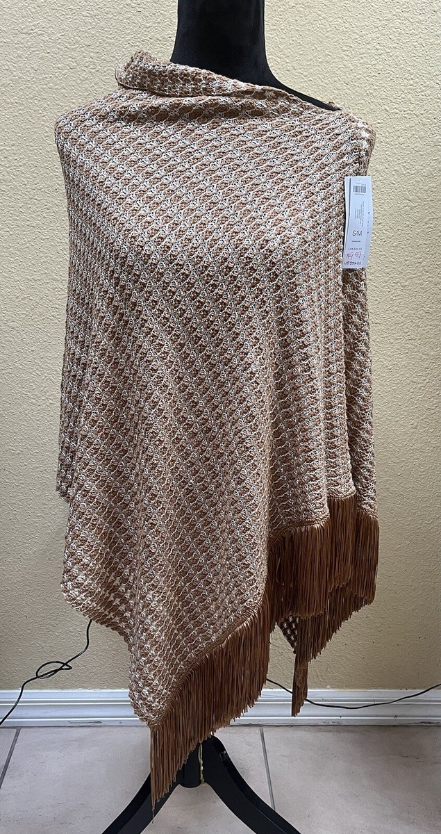 CHICO'S KNIT FRINGE PONCHO / SHALL SMALL BEIGE BROWN GOLD NWT | eBay