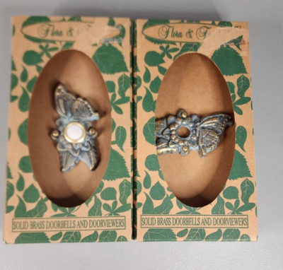 Flora and Fauna Solid Brass Doorbell Button And Viewer Patina Butterfly Set New