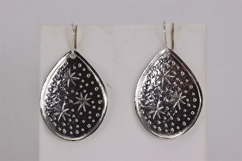 Didae Sterling Silver 33mm x 25mm Teardrop Textured Burst Hook 925 Earrings - Picture 2 of 5
