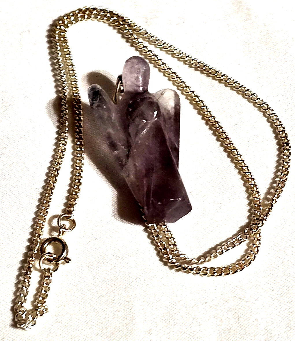 ~ Amethyst Angel Shaped Stone Necklace Silver-tone Chain Safety Clasp Box VTG
