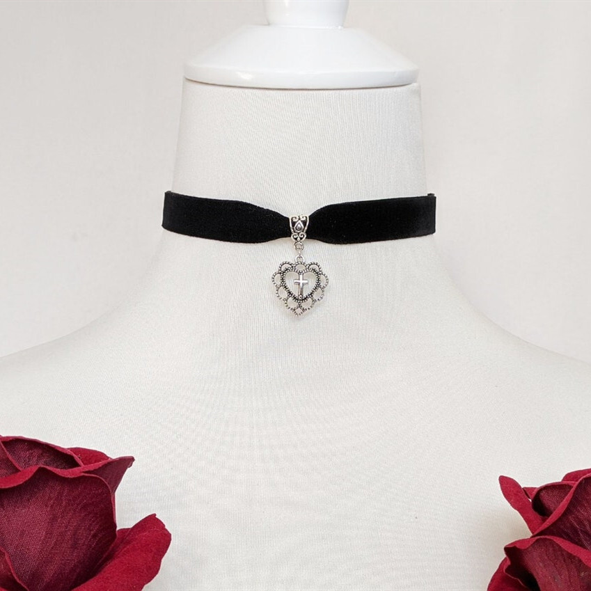 Gothic Cross Heart Pendant Choker Necklace Black Red Velvet Chokers