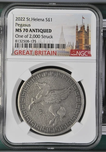 2022 £1 St. Helena "Jennie Norris" Silver Pegasus Antiqued NGC MS70 - 1 of 2000